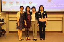 A group photo of three speakers with Professor Huang (third from the left), School of Journalism & Communication, The Chinese University of Hong Kong